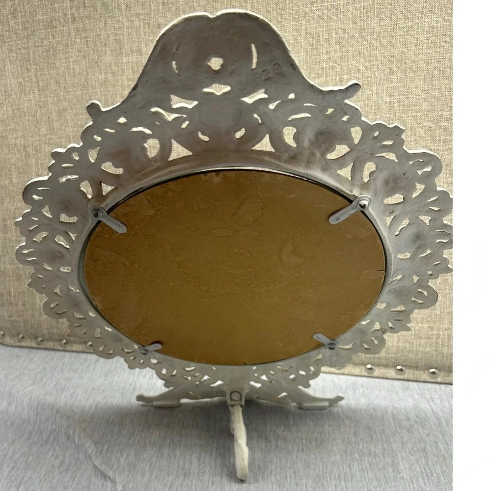 Vintage White Ornate Cast Metal Tabletop Vanity Mirror Rococo Scrollwork 12.5in‎